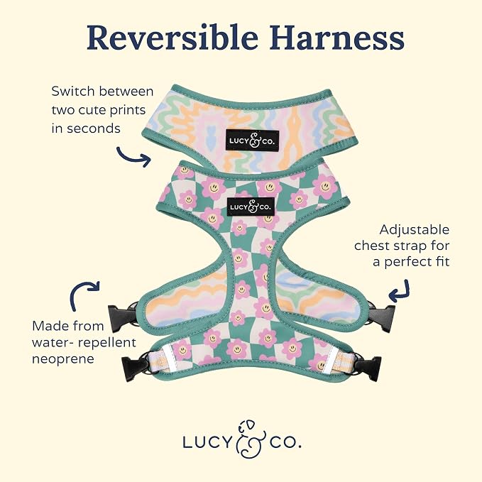 Lucy & Co. Reversible Dog Harness - Water-Repellent Neoprene, Dual-Print Design, Easy Swap Style, Adjustable Comfort Fit - Just Chill Reversible Harness - Small