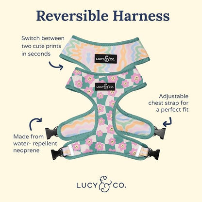 Lucy & Co. Reversible Dog Harness - Water-Repellent Neoprene, Dual-Print Design, Easy Swap Style, Adjustable Comfort Fit - Just Chill Reversible Harness - Small