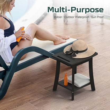 Waterproof Shower Benches for Inside Shower, Poly Lumber Shower Stool with Storage Shelf & Adjustable Feet, SPA Bathroom Seat Chair for Shaving Legs, Indoor or Outdoor Use, Black