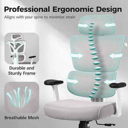Ergonomic Office Chair High Back Desk Chair with Lumbar Support, Breathable Mesh Computer Chair with Adjustable Armrests Height, Reclining Swivel Big and Tall Gaming Chair for Home Office(Gray)