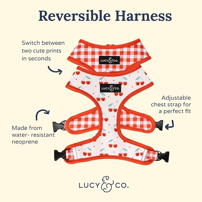 Lucy & Co. Reversible Dog Harness - Water-Repellent Neoprene, Dual-Print Design, Easy Swap Style, Adjustable Comfort Fit - Cheery Cherries Reversible Harness - X-Large