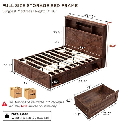 ACCOHOHO Full Bed Frame with 52" Tall Headboard and 4 Drawers,LED Light,Charging Station,Solid Wood Slats Support,No Box Spring Needed,Brown