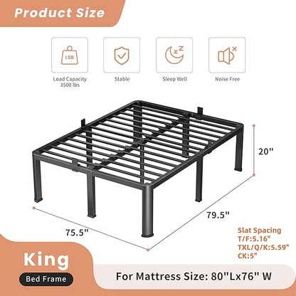 20 Inch King Heavy Duty 3500 lbs Bed Frame with Round-Corner Legs & Anti-Squeak Design – Quick Assembly Metal Platform, No Box Spring Needed