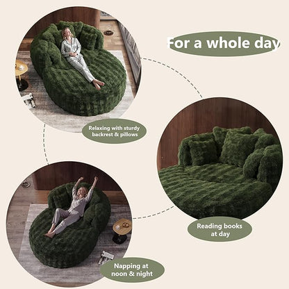 Oversized Chaise Lounge Chair Indoor with Ottoman 55" W x 75" L Round Reading Chair Plush Faux Fur Corduroy Cloud Circle Boneless Chair with 5 Pillows for Living Room - Green