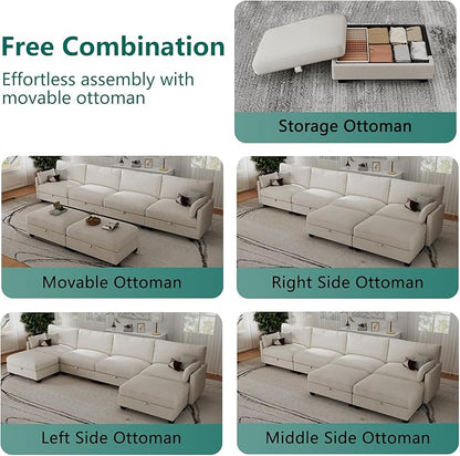 Modular Sectional U Shaped Sofa Couches for Living Room, Cloud Couch with Storage Ottoman, Comfy Chenille Sofa with Pillow, Beige