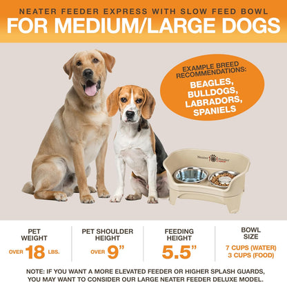 Neater Feeder - Express Model w/ Slow Feed Bowl - Mess-Proof Dog Bowls (M/L, Almond) Made in USA – Elevated, No Spill, Non-Tip, Non-Slip, Raised Stainless Steel Food/Water Pet Bowls Aid Digestion