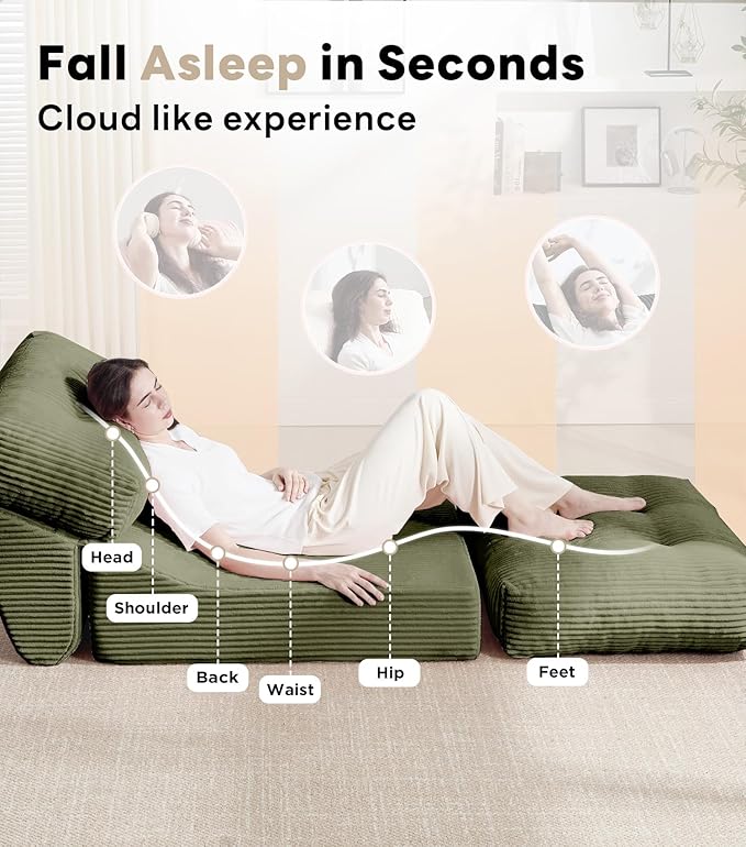 Tbfit 35.8'' Folding Sofa Bed, Convertible Sleeper Chair with Large Pillow, Corduroy Folding Couch Bed, Portable & Foldable Mattress Boneless Floor Sofa Set of 2, Green
