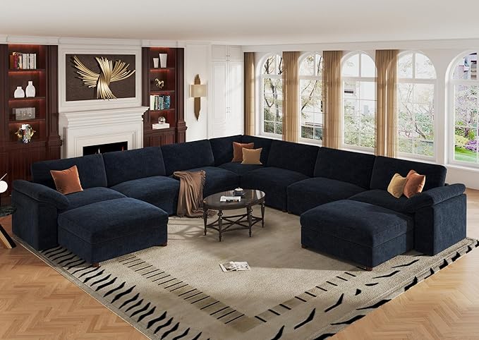 EASE MOOSE Oversized Modular Sectional Sofa with Ottoman, Modern Luxury Wide Deep Modular Couch, U Shaped Couch for Big Spaces Living Room,Blue