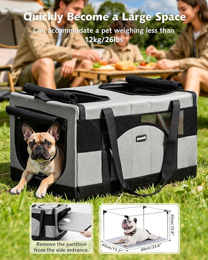 Pecute Cat Carrier, Soft Double Pet Crate for 2 Cats Travel, Gray | 5mm Anti-collapse Frame, Convertible Dual Space, Foldable, Polyester Breathable mesh, Up to 26 lbs, Car Travel & Vet Visits
