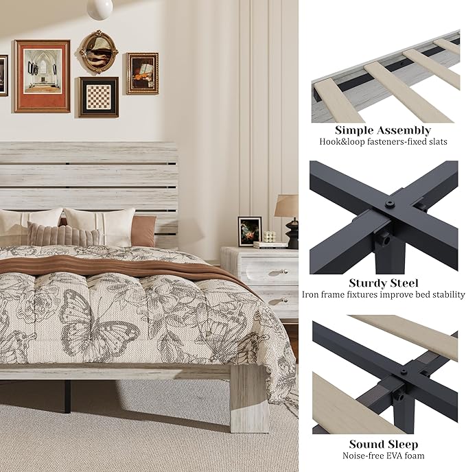 King Size Wooden Bed Frame with Headboard, Boho Platform Bedframe with Wood Slat Support, Sturdy and No Noise, Easy Assembly (Boho White, King)