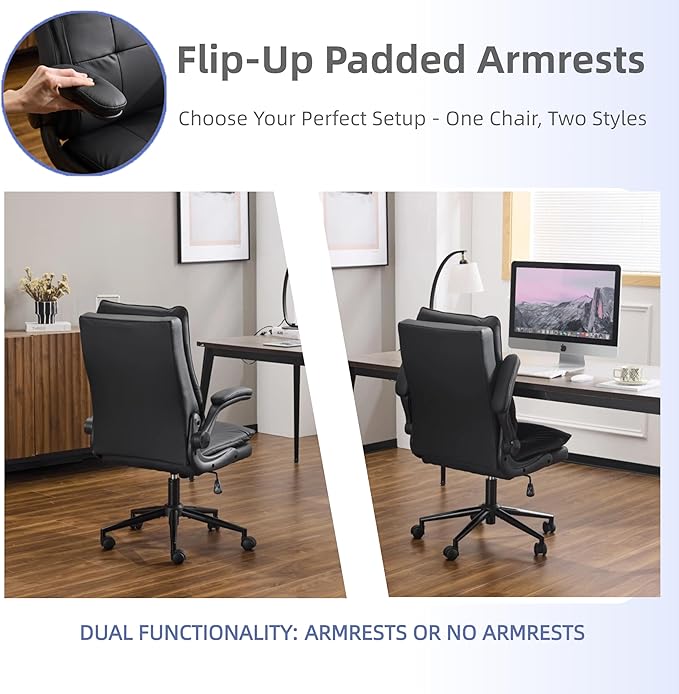 VINGLI Comfy Black Leather Office Desk Chair,Ergonomic High-Back Support Computer Gaming Chair with/No Wheels,Dual-Base,Adjustable Height,Flip-Up Arms,360° Swivel Rolling Task Chair for Home Office