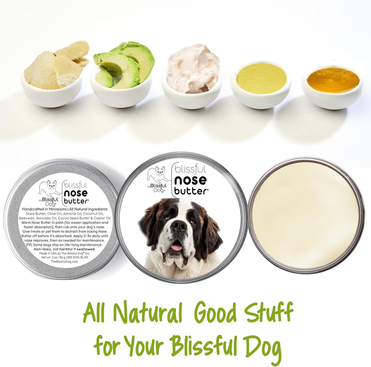 The Blissful Dog St. Bernard Nose Butter for Dry, Cracked Skin, Lick-Safe Dog Nose Balm with Moisturizing Shea Butter, Almond, Olive, and Essential Oils, Pet Supplies, Uncented, 8 oz.