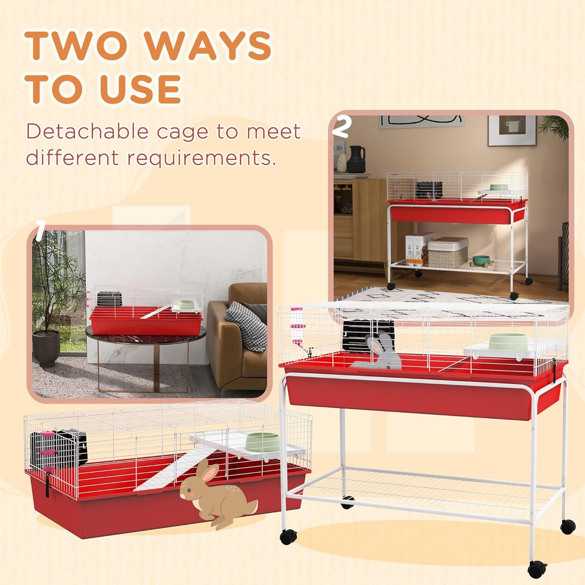 PawHut Two-Story Small Animal Cage Removable from Stand, Guinea Pig Cage with Shelf & Wheels, Pet Habitat for Hedgehog, Chinchilla, Ferret, 39" x 20.5" x 36.5", Red