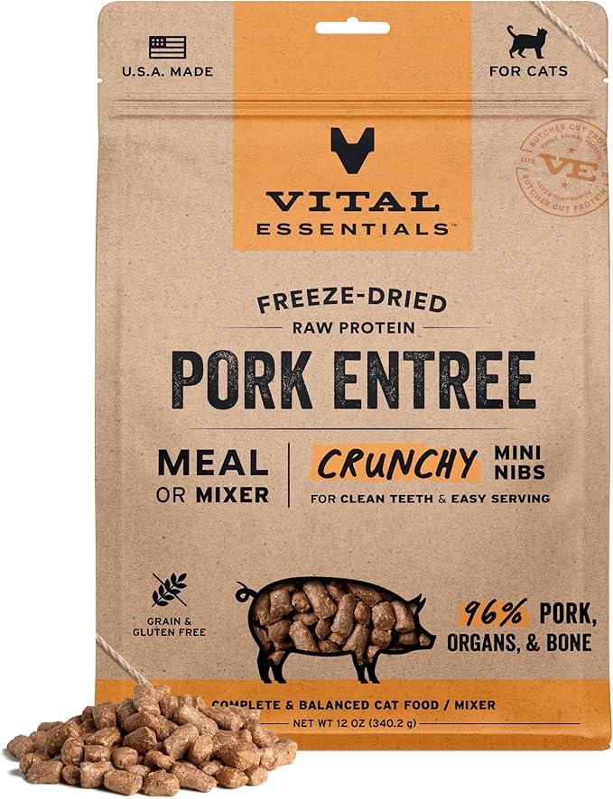 Vital Essentials Freeze-Dried Raw Pork Meal or Mixer Cat Food Crunchy Nibs, 12 oz