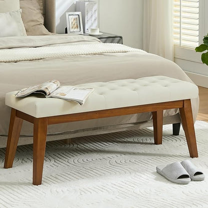 43.5'' Faux Leather Bedroom Bench, Upholstered End of Bed Bench with Tufted Button, Padded Vintage Dining Bench, Entryway Bench with Solid Wood Legs, Kitchen, Living Room, Hallway, Beige Tufted