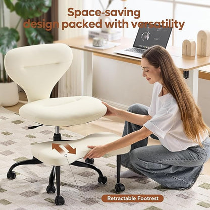 YFO Ergonomic Cross Legged Office Chair and ADHD Meditation Chair with Silent Wheels for Home Office Desk Chair and Yoga, Wider Backrest Support and Storage Pockets Design, PU Leather, Cream