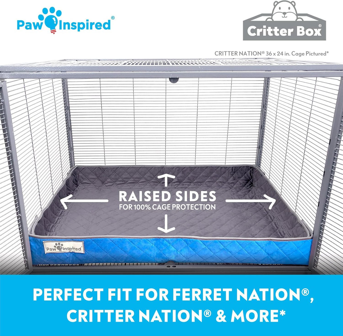 Paw Inspired Critter Box Washable Cage Liner, Reversible Fleece Bedding with Raised Sides for Ferrets, Guinea Pigs, Rats, Chinchillas, and Other Small Animals (Critter Nation/Ferret Nation, Gray/Blue)