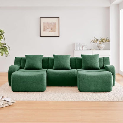 Green U-Shaped Cloud Couch with 2 Ottomans, Modern Teddy Fabric Boneless Sectional Sofa in a Box for Living Room, Modular Floor Couch, Deep Seat, No Assembly Required, Sofas para Sala