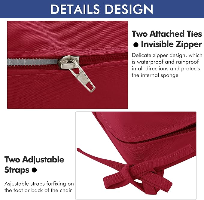 Outdoor Chair Cushions 24 x 24 Inch Waterproof Patio Chair Cushions with Tie 5 Year Color Fastness Thick Outdoor Seat Cushion for Garden Lawn Patio Furniture Burgundy Red Set of 2