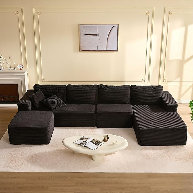 138" Boneless Couch with Deep Seat, Modular Sectional Sofa, Cloud Sectional Couch for Living Room, No Assembly Required, Corduroy, U-Shape 4 Seater Right, Black