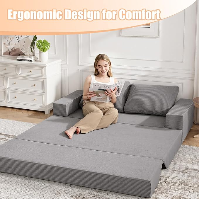 COMAX Convertible Sofa Bed Queen, Corduroy Folding Floor Couch Pull Out Couch Bed Futon Sleeper with Pillows, Fold Out Boneless Sofa Comfy Lounge Mattress Loveseat for Living Room Bedroom, Light Grey