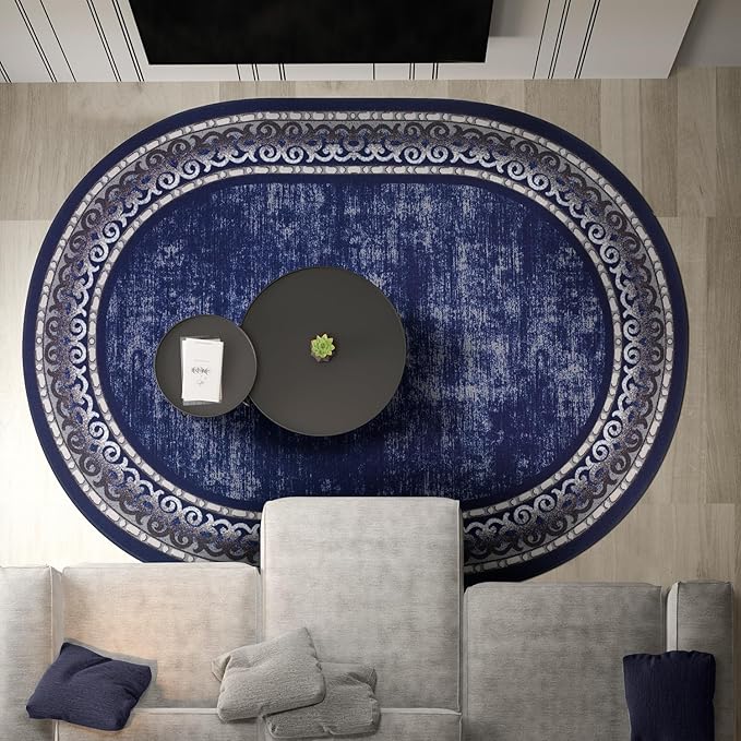 Antep Rugs Alfombras Bordered Modern 5x7 Non-Slip (Non-Skid) Low Pile Rubber Backing Indoor Area Rug (Navy, 5' x 7' Oval)