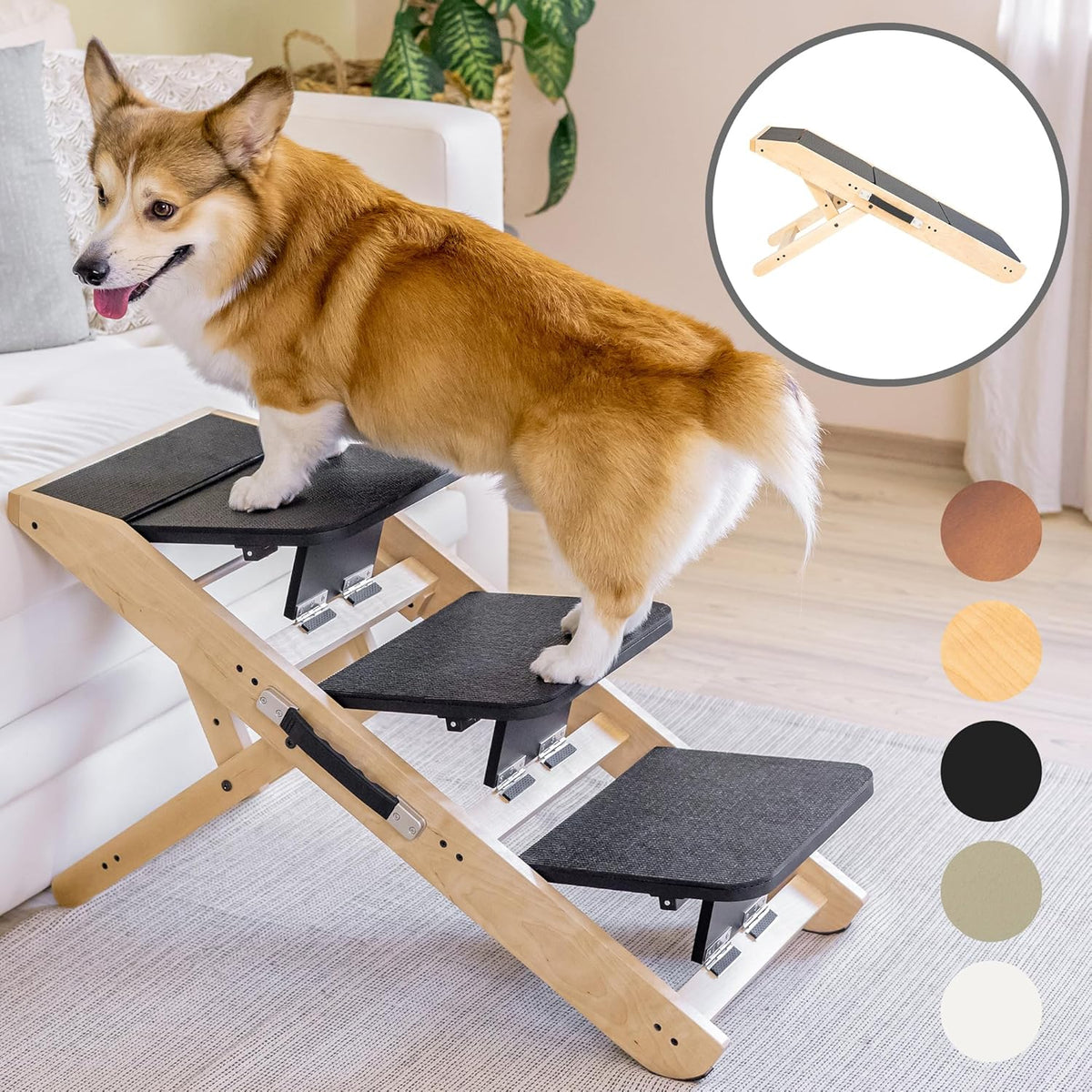 Dog Steps for Bed & Couch 2-in-1 Dog Stairs/Ramp - Height Adjustable Dog Ramp for Couch 7” - 20” - Pet Stairs, Dog Stairs for Small Dogs - Easy to Move Pet Steps with Landing Platform, Natural