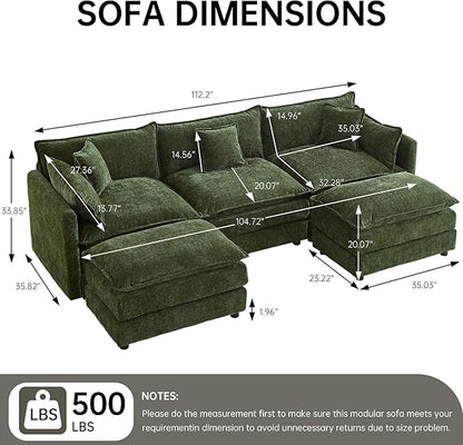 saows Modular Sectional Sofa, 112.2 Inch U Shaped Couch Set with Armrests, 3-Seater Comfy Cloud Couches for Living Room Apartment, Green