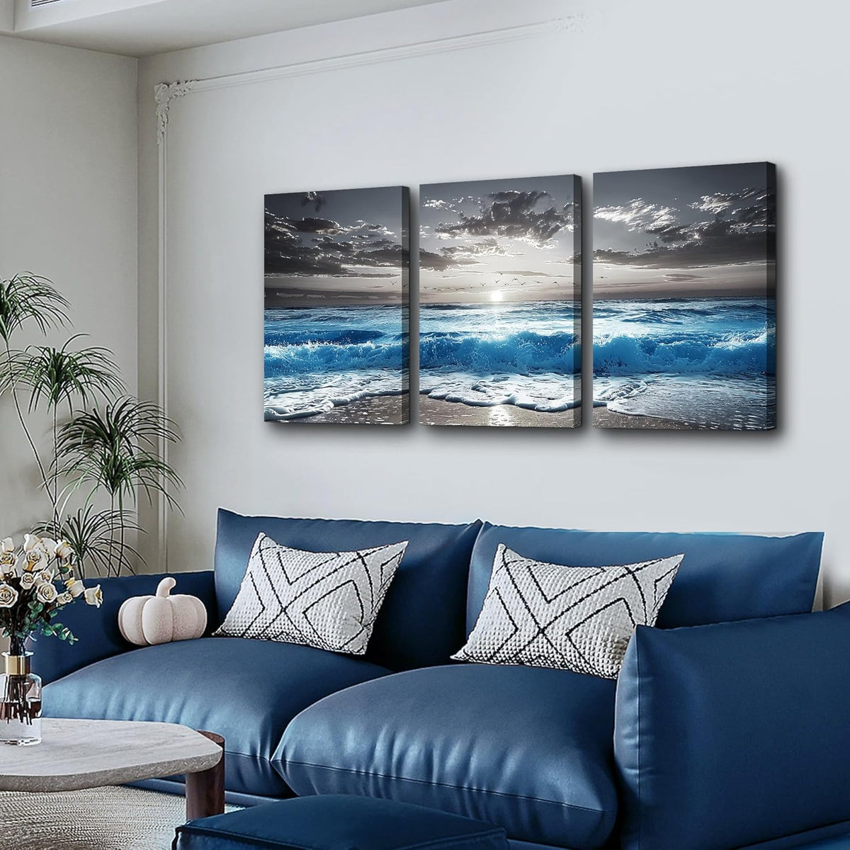 TTHYUEWS Black And White Beach Pictures Large Wall Decor For Living Room Canvas Wall Art For Bedroom Modern Office Decorations Blue Sea Wave Ocean Paintings Artworks Canvas Art Home Decor 3 Pieces
