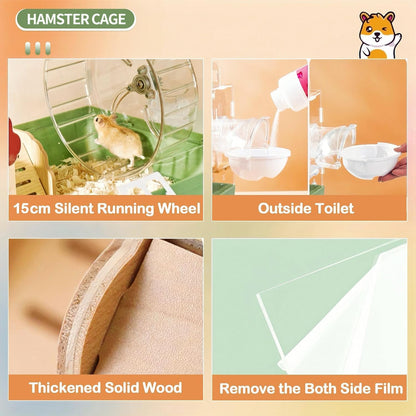 8 in 1 Clear Acrylic Hamster Cage with All Accessories,13.5''L* 10''W* 13''H Dwarf Hamster Cage,Small Hamster Habitat,Garden Style Mouse Cage for Pet Mice,Hamster Enclosure with Stairs(1-Layer)