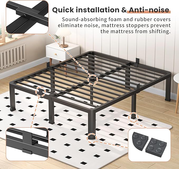 18 Inch Full Heavy Duty 3500 lbs Bed Frame with Round-Corner Legs & Anti-Squeak Design – Quick Assembly Metal Platform, No Box Spring Needed