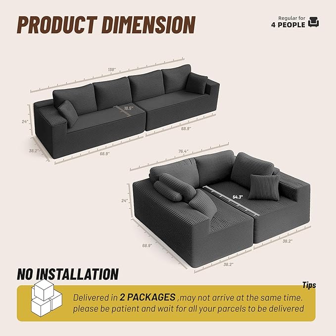 138" Modular Sofa Memory Foam Sectional Couches for Living Room, Sleeper Sofa Bed, Corduroy, Grey