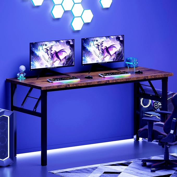 Need Office Computer Desk - 54.3L Sturdy and Heavy Duty Folding Laptop Table,Writing Table/Home Office Desk/Sewing Table,No Assembly Required (Rustic Brown & Black Frame)