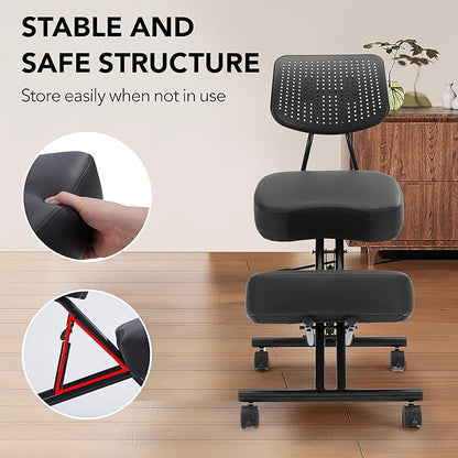 SOMEET Ergonomic Kneeling Chair with Back Support, Kneeling Desk Chair for Home Office with Brake and Gliding Casters, Adjustable Posture Chair with High Back for Desk to Relieve Back Pain, Black PU
