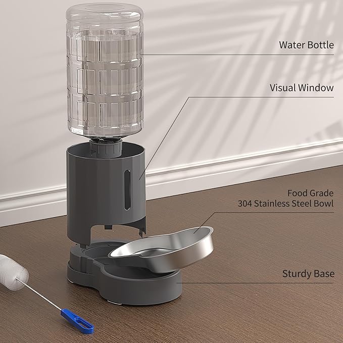Cat Water Dispenser and Stainless Steel Bowl, Automatic Gravity Water Dispenser for Cats or Small Medium Size Dogs, Large Capacity, Easy to Clean and Safe for Pets