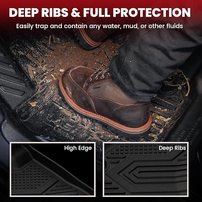 LASFIT Floor Mats for Ram 1500 Crew Cab 2025 2026 with Rear Under-Seat Factory Storage Bucket Seat, All Weather TPE Custom Fit Car Mats Floor Liners 1st & 2nd Row, Black