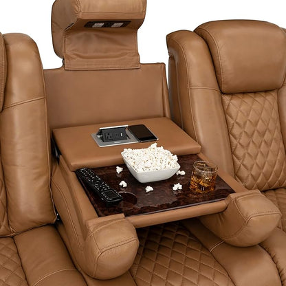 Seatcraft Anthem Italian Leather Sofa w/Fold-Down Table, Living Room, Power Headrest, Power Recline, Tan Oak