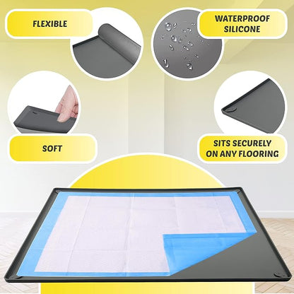 Skywin Dog Pee Pad Holder Tray Fits for 28” x 30” Pee Pads - 1 Pack - Grey | Corner Lock Holes, Raised Edges, Non-Spill, Easy to Clean Silicone Dog Potty Tray Holder, For Indoor Floor Protection