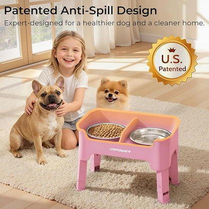 URPOWER Mess Proof Elevated Dog Bowls 4 Height Adjustable Raised Bowl Stand with 2 Stainless Steel Dog Bowls Non-Slip Food and Water Bowl Set for Small Dogs, Pink