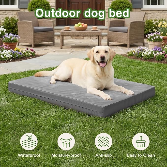 Waterproof Outdoor Dog Bed Large Sized, Washable Crate Pad 35" Orthopedic | Reversible Faux Leather & Flannel, Durable Removable Cover, Pet Bed Foam, Anti-Slip Bottom,Kennel Pad 35"x22" Gray