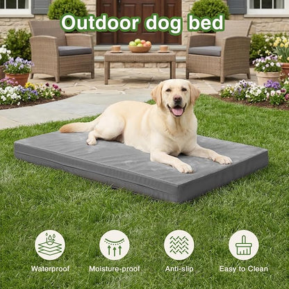Waterproof Outdoor Dog Bed Large Sized, Washable Crate Pad 35" Orthopedic | Reversible Faux Leather & Flannel, Durable Removable Cover, Pet Bed Foam, Anti-Slip Bottom,Kennel Pad 35"x22" Gray