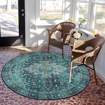 Moynesa Ultra-Thin Washable Round Rug - 6ft Teal Large Living Room Circle Area Rugs, Vintage Dining Room Mat Stain Resistant Nursery Carpet for Bedroom Mudroom Kitchen Apartment Home Office