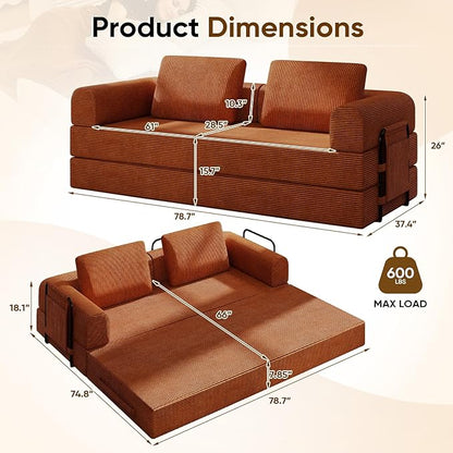 Antetek Convertible Sofa Bed, Comfy Corduroy Fluffy Love seat Sleeper Sofa, 5 in 1 Folding Couch Bed, Fold Out Floor Couch with Pillows for Bedroom, Living Room, Office, Pinstripe, Orange