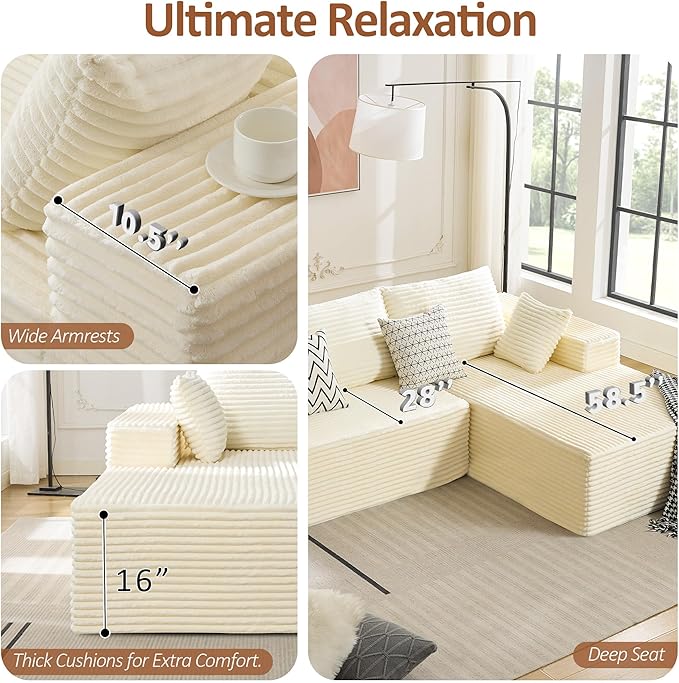 110" Boneless Sectional Couch with Chaise Lounge, Cloud Couch Compressed Sofa L Shape, No Assembly Memory Foam Sofa for Living Room, White Corduroy