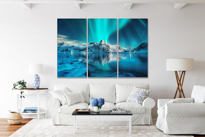 Nature Wall Art Prints - Ocean Forest Mountain Lake Canvas Landscapes - Small to Extra Large Living Room Bedroom Kitchen Bathroom Décor (Northern Lights Over Lake, 39L" x 59W" - 3 Panels)