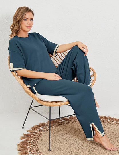 Faleave Womens Knit 2 Piece Sweater Sets Short Sleeve Pullover Tops Elastic Waist Wide Leg Pants Lounge Set