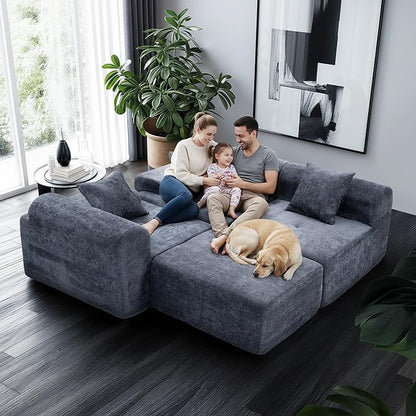 119’’ Modular Sectional Sofa, Cloud Sectional Couch with Deep Seat, Modern Modular Compression Sofa Couch with Chaise, Upholstered Couches, Throw Pillows for Living Room Bedroom, Blue