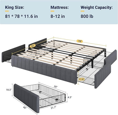 Allewie King Size Platform Bed Frame with 4 Large Storage Drawers, Velvet Vertical Channel Tufted Upholstered Bed Base, Wooden Slats Support, Noise-Free, No Box Spring Needed, Easy Assembly, Grey