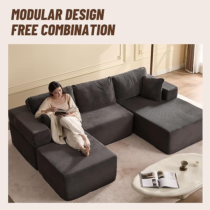 107" Boneless Couch with Deep Seat, Modular Sectional Sofa, Cloud Sectional Couch for Living Room, No Assembly Required, Corduroy, U-Shape 3 Seater Right, Gray