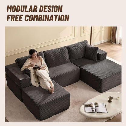 107" Boneless Couch with Deep Seat, Modular Sectional Sofa, Cloud Sectional Couch for Living Room, No Assembly Required, Corduroy, U-Shape 3 Seater Right, Gray
